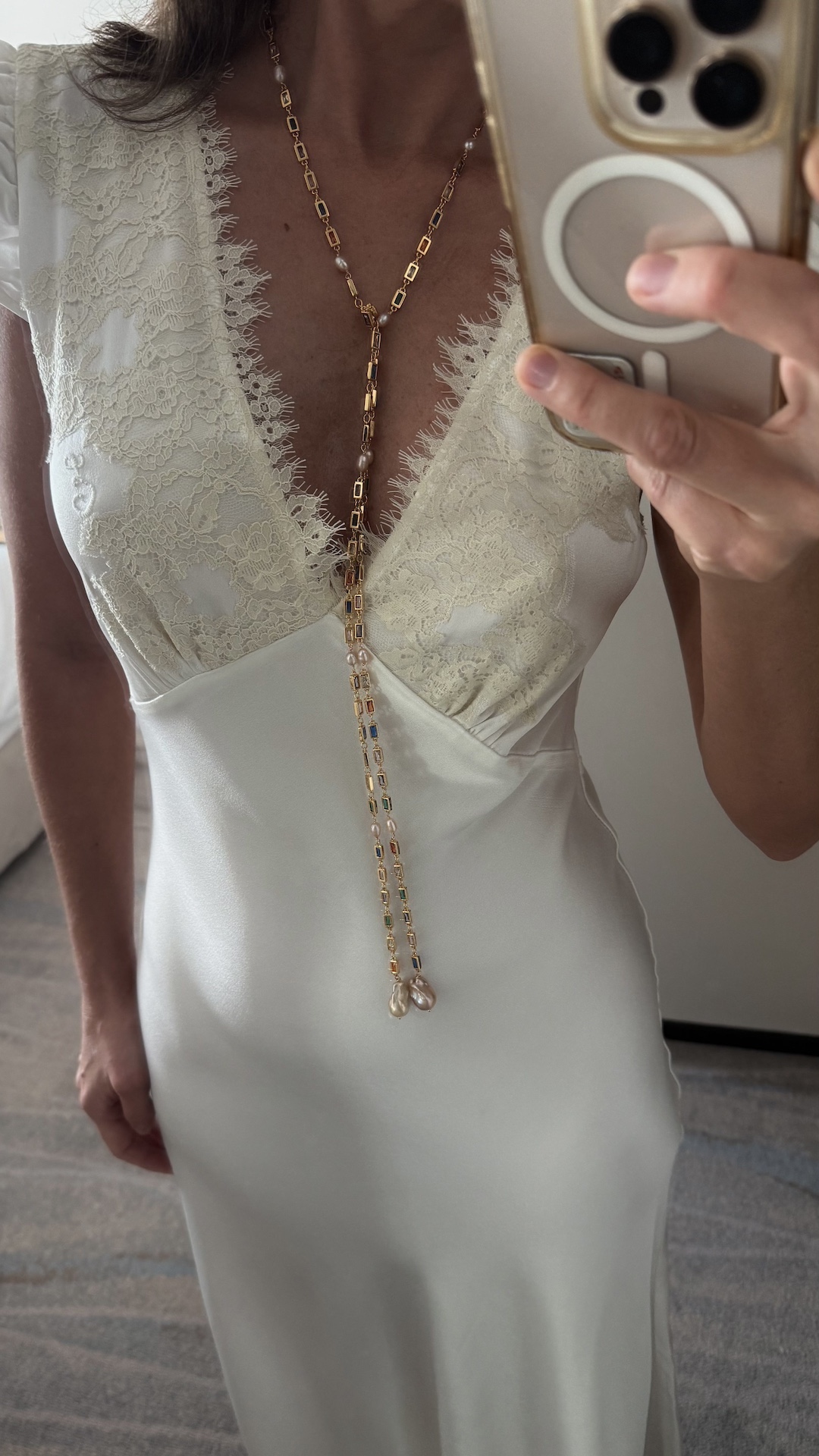 Ожерелье в виде цепочки со Сваровским камнем и барочным жемчугом