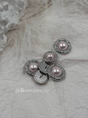 Пуговицы серебристые с нежно-розовым жемчугом и стразами