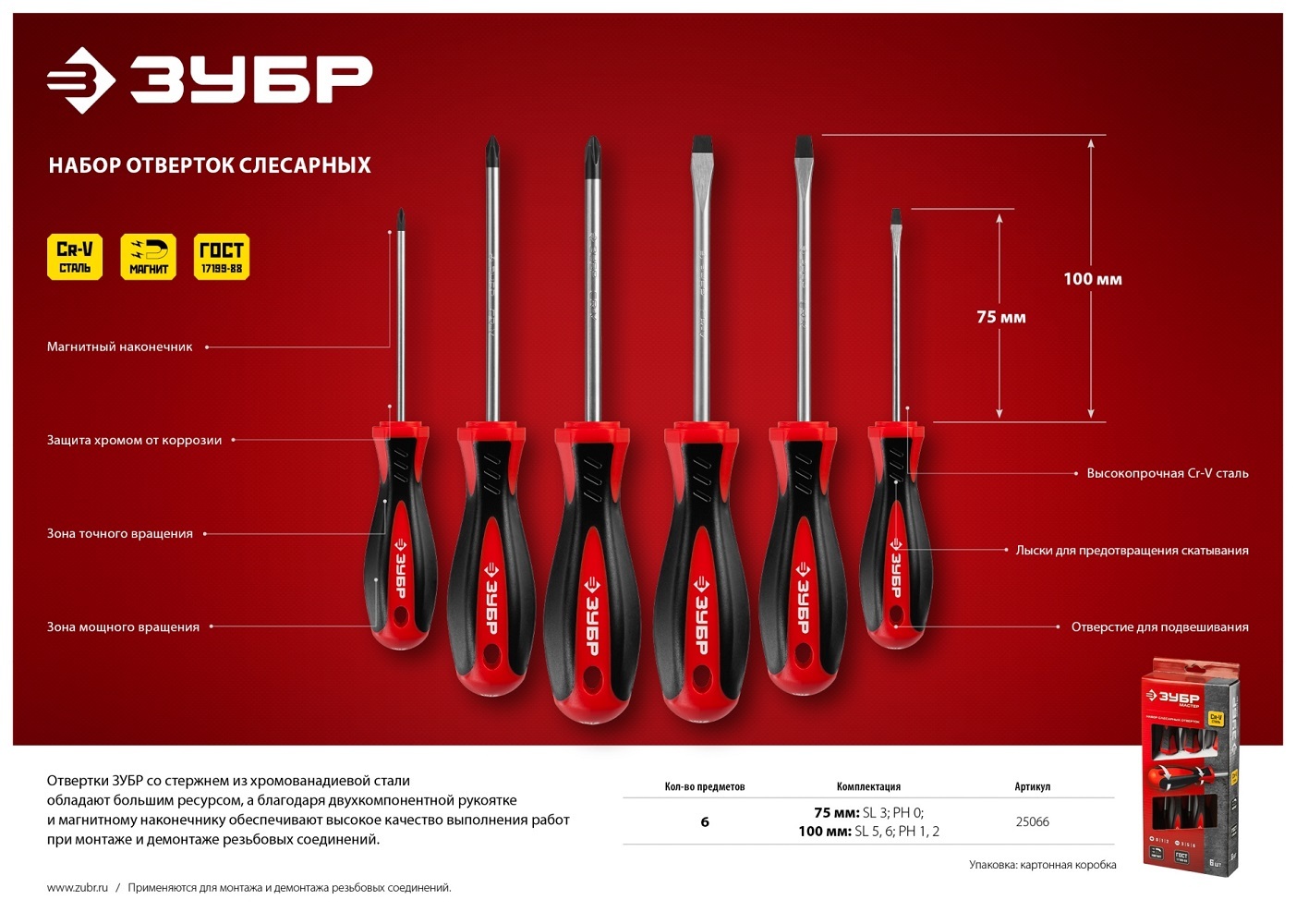 ЗУБР Мастер-6 6 предм., Набор отвёрток (25066) (Артикул: 25066) – 810 руб.  | Купить в СПб, низкая цена, доставка по России
