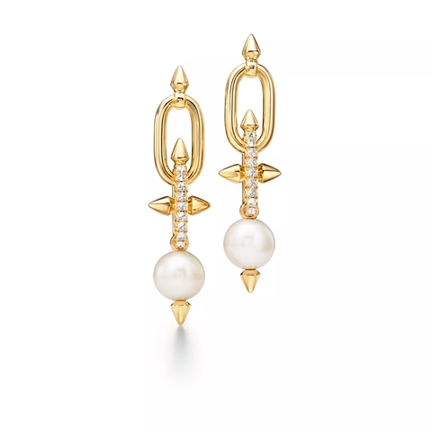 Серьги из жёлтого золота 18k c жемчугом и бриллиантами, Tiffany 💠 Titan by Pharrell Williams- В наличии