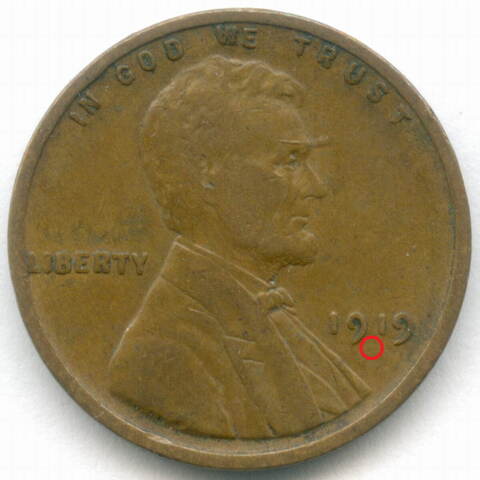 1 цент 1919 (без знака - Philadelphia). США. Пшеничный цент. Бронза VF