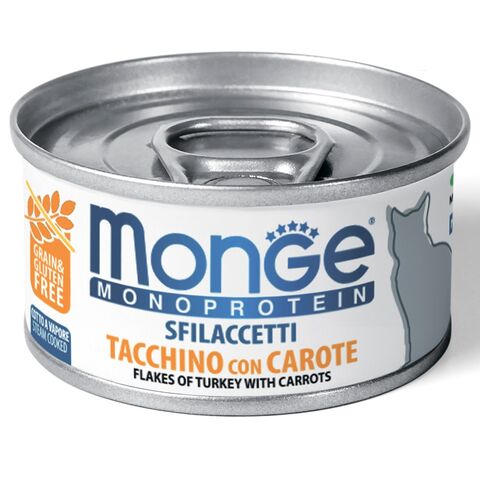Влажный корм Monge Cat Monoprotein для кошек, мясные хлопья из индейки с морковью, консервы 80г x 24шт