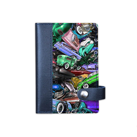 Обложка на автодокументы на кнопке комбинированная белая вставка "Арт авто", синяя