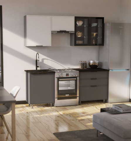 Кухня Николь 2,0м (490) Компановка №2 (Холст белый/Холст вулканический, Графит (Кастилло темный))