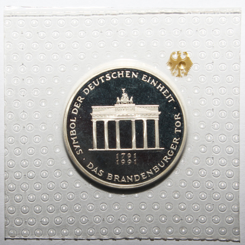 10 марок 1990 год (A) 200 лет Бранденбургским Воротам Германия PROOF в родной запайке