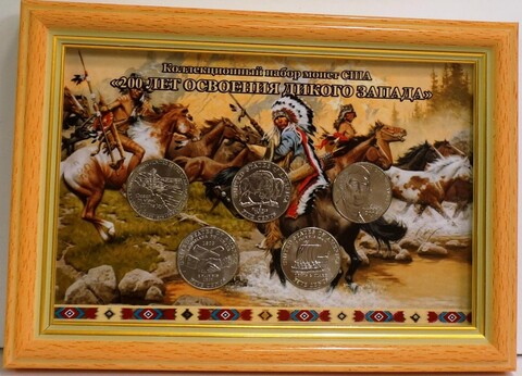 Подарочный набор из 5-ти центовых монет. 5 шт. 200 лет освоения дикого Запада. UNC