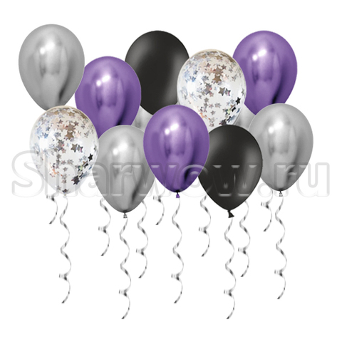 Воздушные шары под потолок Серебро и фиолетовый хром, черный и шары с конфетти