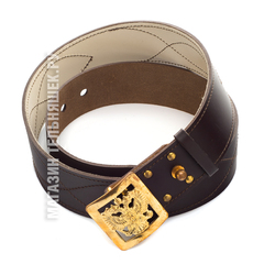 Купить Ремень кожаный Офицерский с юфтевой прострочкой Коричневый с пряжкой латунь Герб РФ в Магазине тельняшек