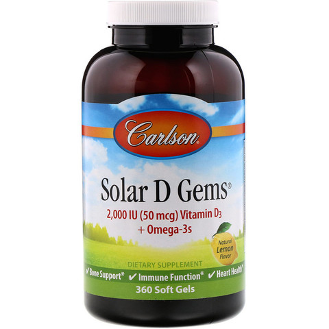 Carlson Labs, Solar D Gems, витамин D3 + омега-3 кислоты, натуральный лимонный вкус, 2000 МЕ, 360 мягких таблеток