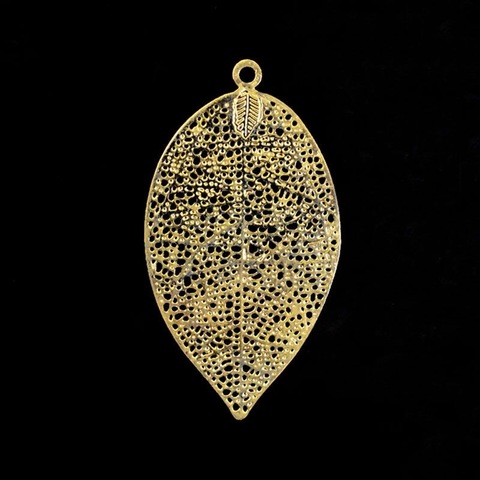 Металлическая подвеска филигрань в форме листа, 26х48 мм, цвет золото