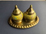 K14232 Набор для специй, латунь, эмаль. Солонка, перечника 7,5х5 см., подставка 13х9