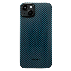 Чехол из арамидного волокна с поддержкой MagSafe PITAKA MagEZ Case 4 1500D для iPhone 15, Black / Blue Twill (Cаржевое переплетение)