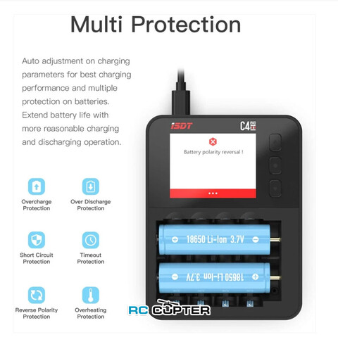 Зарядное устройство ISDT C4 EVO для цилиндрических батарей AA /AAA / 18650 / до 26700, 25W (DC - QC2.0/3.0/PD), 3A, x4