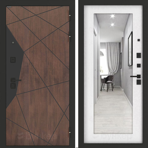 Входная металлическая дверь Бункер БН-14 Американский орех зеркальная вставка в рамке ФЛЗ-603 Белое дерево (текстура дерева)