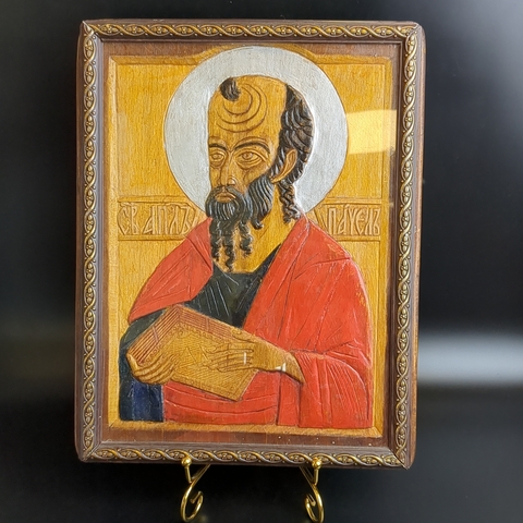 Святой апостол Павел. Старинная деревянная резная икона 33х26х3 см. Бук