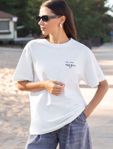 Удлиненная футболка over-size с  принтом стразами  D49.978 (113919)