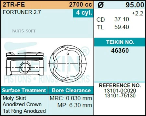 Поршень двигателя TEIKIN 46360 0.50 (4шт/упак)