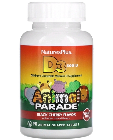 Nature's Plus, Source of Life, Animal Parade, витамин D3, без сахара, с натуральным вкусом черной вишни, 500 МЕ, 90 таблеток в форме животных