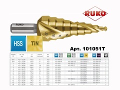Сверло ступенчатое 4-20мм (Спиральное) HSS-G TiN 9ступ. L75мм хв. 8мм Ruko 101051T