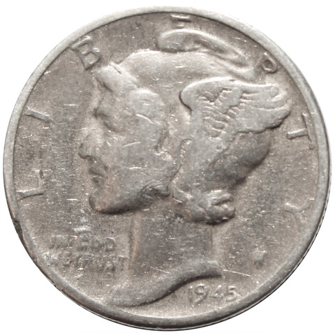 1 дайм (10 центов) 1945. США F-VF (Меркурий) Серебро