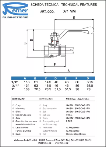 REMER 371MM12 Кран 1/2" rr_шш рычаг 371mm шт