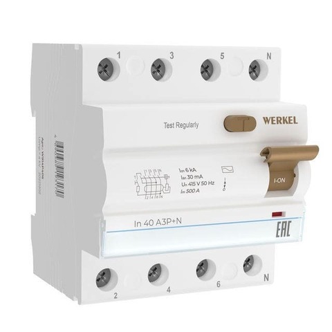 Устройство защитного отключения (УЗО) 3-полюсный + ноль 40 А, тип - AC, 30 mА, 6 kА / 3P+N. Цвет Белый. Werkel(Веркель). Модульные устройства. W914P406