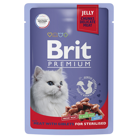 Влажный корм Brit Premium мясное ассорти и потрошки в желе для кастр. кошек 85 г (Брит Пауч)