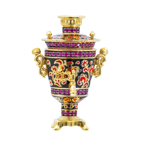 Брошь Самовар с рубинами и эмалью Brs0235-0/2