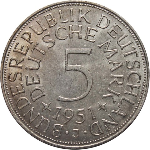 5 марок. Германия. (J). Серебро. 1951 год. XF-AU