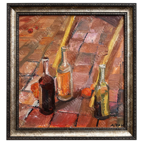 Н/х. Натюрморт с тремя бутылками и мандаринами / Осенний пейзаж. Картон, масло. 1980-е