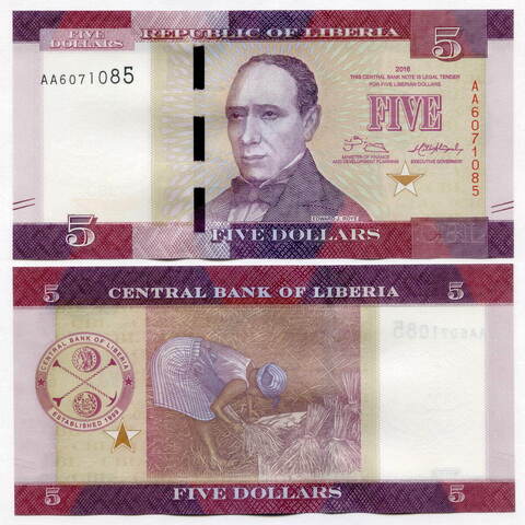 Банкнота Либерия 5 долларов 2016 год. UNC