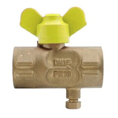 Кран латунный шаровой газовый Пензапромарматура 11Б27п(м)1, DN 15 PN 16, трёхходовой со спускным устройством (Маевского) под манометр, резьба -G1/2'', отвод -М20х1,5'', муфта-муфта, бабочка