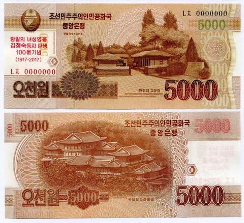Банкнота КНДР 5000 вон 2013 (2017) год. 100 лет Ким Чен Сук (жены Ким Ир Сена, матери Ким Чен Ира). UNC