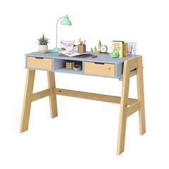 Письменный стол парта Чек 94х64х75 см с 2 ящиками на ножках из массива сосны, МДФ синий