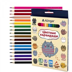 
          Карандаши цветные Alingar 18 цв., "Котята" деревянные, трехгранные, заточенные, грифель 2.8 мм, картон. уп., европодвес