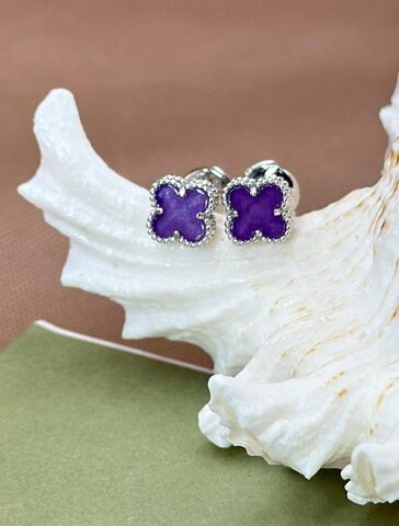 Серьги пусеты клевер лаванда VCA качество white VGOLD