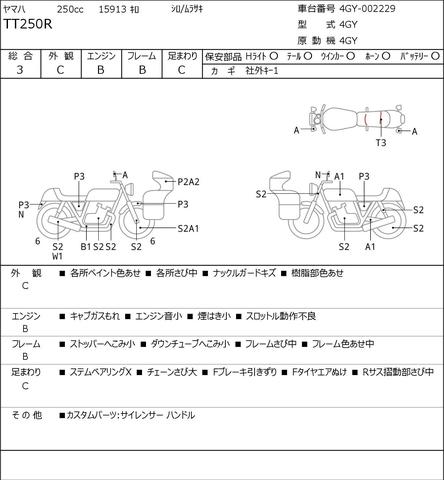 аукционный лист YAMAHA TT250R Open enduro 1999 аукционник из Японии