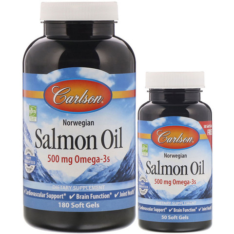 Carlson Labs, Norwegian Salmon Oil, 500 мг, 180 мягких желатиновых капсул + 50 капсул в подарок