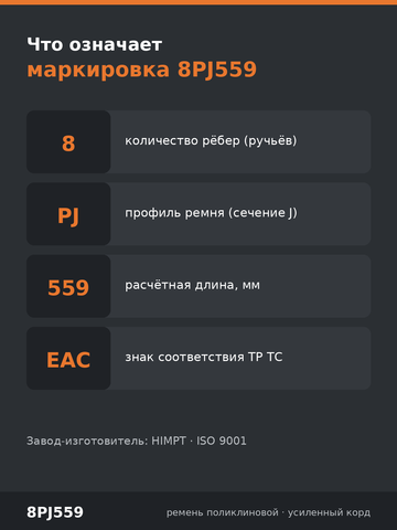Ремень поликлиновой 8PJ-559/220 J HIMPT длина- 559 мм, количество ручьев- 8, ширина-18 мм — фото 5