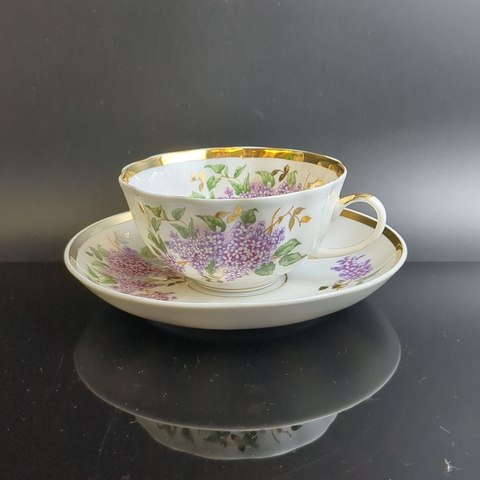 Чайная пара фарфоровая "Сирень" Дулево ФЗ, форма тюльпан, декор цветы сирени, золочение, тонкий фарфор, винтаж СССР 1966 год