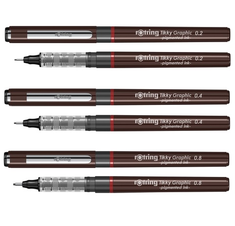 Набор ручек капиллярных Rotring Tikky Graphic 3 ручки: 0.2/0.4/0.8 mm черные чернила (1904811)