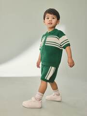 Кардиган вязаный с коротким рукавом и шорты вязаные в комплекте для мальчика Next AA9-511, Зеленый, Молочный