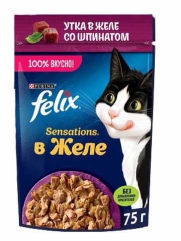 Корм FELIX Sensations желе Утка со шпинатом 75 г м/у РОССИЯ