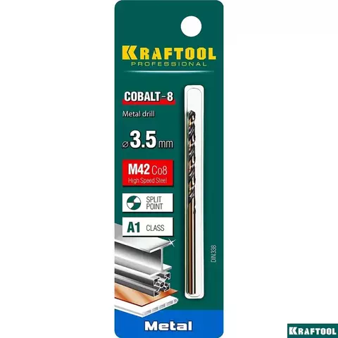 KRAFTOOL COBALT 3.5 х70мм, Сверло по металлу HSS-Co(8%) , сталь М42(S2-10-1-8)