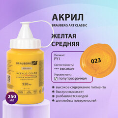 Краска акриловая художественная BRAUBERG ART CLASSIC, флакон 250мл, ЖЕЛТАЯ СРЕДНЯЯ арт. 023