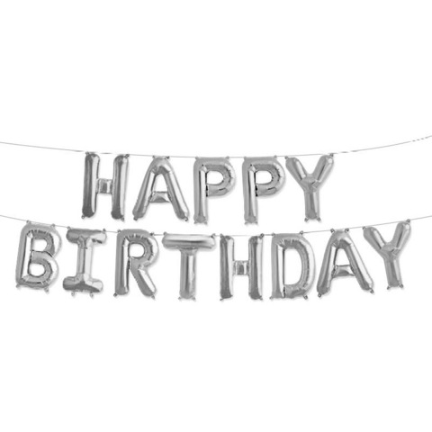 Растяжка из шаров: Буквы из фольги - С днем Рождения, Happy Birthday, серебро