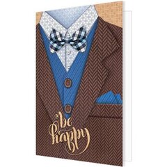 
          Открытка - мини двойная, подвеска,"Be happy", 85х115 мм, пиждак и бабочка, крафт, без текста