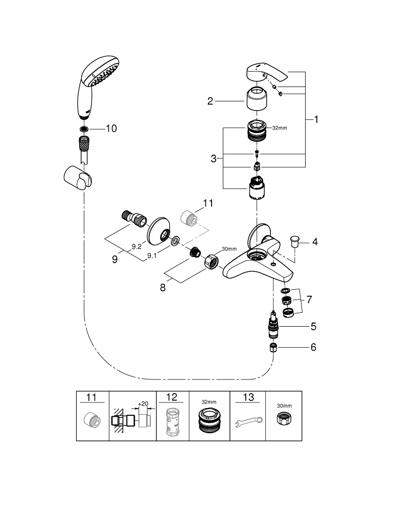 Смеситель для ванны с душем устройство. Смеситель для ванны Grohe Eurosmart 33302002. Схема разобрать смеситель Грое. Возвратная пружина смесителя Grohe для ванной с душем. Схема смеситель Grohe для ванны с душем.