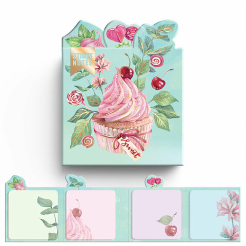 Стикеры для заметок бумажные, 75x75 мм, 100 шт., арт. 65158 / 25 ПИРОЖНОЕ (материал: дизайнерская бумага 80 г/м?, цвет: голубой, зелёный, розовый, сиреневый