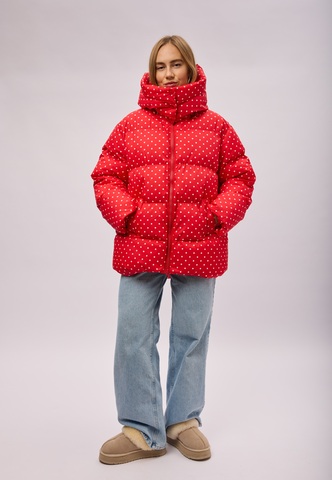 Пуховик Рокет миди красный в горох